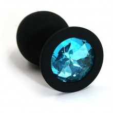 Чёрная силиконовая анальная пробка с голубым кристаллом - 7 см., бренд Kanikule, длина 7 см., со скидкой