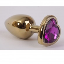 Гладкая металлическая анальная пробка с фиолетовым камешком в виде сердечка, цвет золотой, Luxurious Tail 301454, коллекция Anal Jewelry Plug, длина 7.5 см., со скидкой