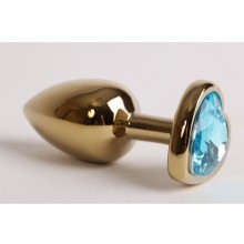 Металлическая гладкая анальная пробка с синим камешком в виде сердечка, цвет золотой, Luxurious Tail 301456, коллекция Anal Jewelry Plug, длина 7.5 см., со скидкой