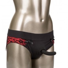 Страпон с кружевными трусиками-слипами в черно-красном цвете «Crotchless Pegging Panty Set», из серии Scandal от компании California Exotic Novelties, размер L/XL, SE-2712-53-3, длина 12.75 см., со скидкой