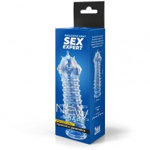 Прозрачная насадка на пенис с усиками и пупырышками, Sex Expert SEM-55198, из материала TPR, цвет прозрачный, длина 13.5 см., со скидкой