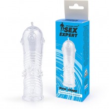 Прозрачная насадка на пенис с пупырышками и ребрышками, Sex Expert SEM-55199, из материала TPR, цвет прозрачный, длина 12.5 см., со скидкой