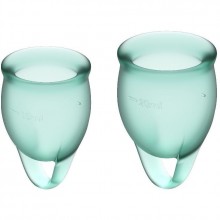 Набор темно-зеленых менструальных чаш «Feel confident Menstrual Cup», из нежного силикона, вместимость чаш 15 и 20 мл, обеспечит гигиеническую защиту на срок до 12 часов, от Satisfyer J1762-5, цвет Зеленый, 20 мл., со скидкой
