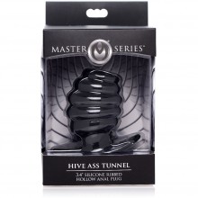 Ребристая анальная пробка-тоннель средняя Master Series «Hive Ass Tunnel Silicone Ribbed Hollow Anal Plug - Medium», черная, XR Brands AF982-Medium, из материала силикон, длина 8.13 см.