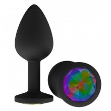 Анальная втулка силиконовая, черная, с разноцветным кристаллом, из нежного гипоаллергенного силикона, от ДЖАГА-ДЖАГА 518-14 multicolored-DD, длина 7.3 см., со скидкой