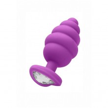 Фиолетовая ребристая анальная пробка со стразом в виде сердца, рабочая длина 8 см, Shots OU459PUR, бренд Shots Media, цвет фиолетовый, длина 9.6 см.