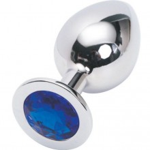 Серебряная металлическая анальная пробка среднего размера с синим стразиком, общая длина 8.2 см, 4sexdream 47018-1, цвет синий, длина 8.2 см., со скидкой