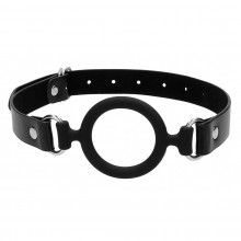 Кляп-кольцо с кожанными ремешками «Silicone Ring Gag», черный, диаметр 5.2 см, Shots OU463BLK, бренд Shots Media, из материала Силикон, длина 57 см., со скидкой