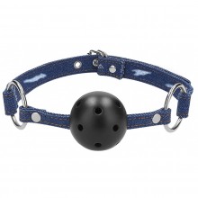 Джинсовый кляп-шарик «With Roughend Denim Straps», голубой, Shots OU469BLU, из материала джинса, коллекция Ouch!, длина 61 см.