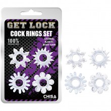 Набор из 4 прозрачных эрекционных колец «Get Lock» разной формы, внутренний диаметр 1.4 см, Chisa CN-330358234, бренд Chisa Novelties, длина 3.8 см., со скидкой