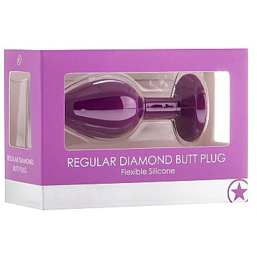 Анальная пробка с кристаллом «Diamond Butt Plug Medium» из силикона фиолетового цвета, рабочая длина 6.1 см, Shots OU181PUR, бренд Shots Media, коллекция Ouch!, длина 7.3 см., со скидкой