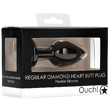 Анальная пробка «Diamond Heart Butt Plug» черного цвета с прозрачным стразом-сердечком, рабочая длина 6 см, Shots OU335BLK, бренд Shots Media, длина 7.3 см., со скидкой