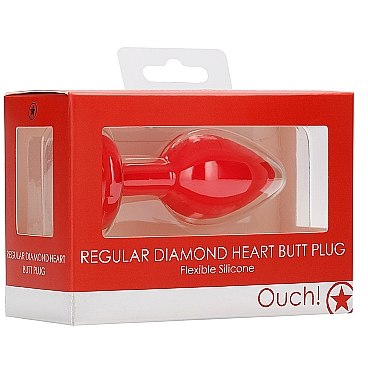 Средняя анальная пробка «Diamond Heart Butt Plug» с прозрачным стразом в форме сердечка, рабочая длина 6 см, Shots OU335RED, бренд Shots Media, коллекция Ouch!, цвет красный, длина 7.3 см.