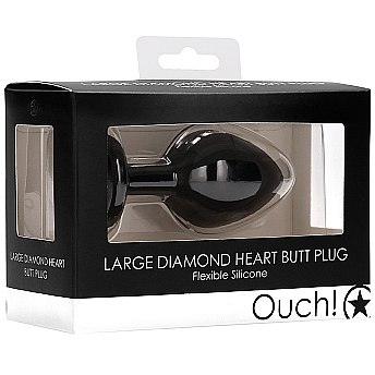 Анальная пробка «Large Ribbed Diamond Heart Plug» черного цвета с прозрачным стразом, рабочая длина 7 см, Shots OU336BLK, бренд Shots Media, из материала силикон, длина 8 см., со скидкой