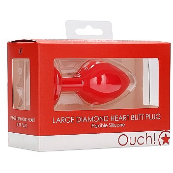 Крупная красная анальная пробка «Large Ribbed Diamond Heart Plug» с прозрачным стразом в форме сердечка, рабочая длина 7 см, Shots OU336RED, бренд Shots Media, коллекция Ouch!, цвет красный, длина 8 см.