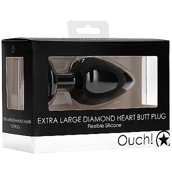 Анальная пробка крупного размера «Extra Large Diamond Heart Butt Plug» с прозрачным стразом в форме сердечка, рабочая длина 8 см, Shots OU337BLK, из материала Силикон, коллекция Ouch!, длина 9.5 см., со скидкой