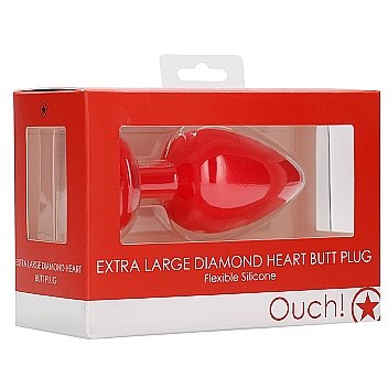 Анальная пробка большого размера «Extra Large Diamond Heart Butt Plug» с прозрачным стразом в форме сердца, красная, рабочая длина 8 см, Shots OU337RED, бренд Shots Media, коллекция Ouch!, цвет красный, длина 9.5 см.