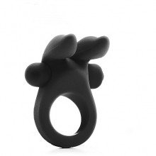Эрекционное кольцо с двумя ушками и с вибрацией «Rabbit Cockring», черное, Shots Media SHT213BLK, цвет черный