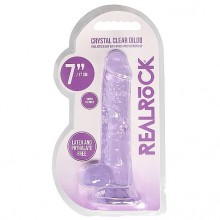 Прозрачный фиолетовый фаллоимитатор с мошонкой на присоске «Realrock Crystal Clear», рабочая длина 15 см, Shots REA091PUR, бренд Shots Media, длина 19 см., со скидкой