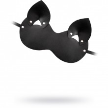Закрытая черная кожаная маска «Кошка» с ушками, Штучки-дрючки 690061, цвет черный, со скидкой