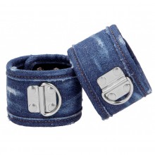 Джинсовые наручники «Roughend Denim Style» с цепочкой, голубые, Shots OU471BLU, из материала джинса, длина 26 см.