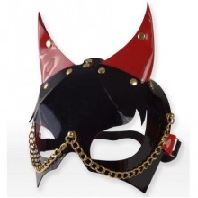 Черно-красная маска дьяволенка с рожками из черной и красной натуральной лаковой кожи с миндалевидными прорезями для глаз, Sitabella 3190-12, бренд СК-Визит, длина 21 см., со скидкой