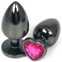 Черная металлическая анальная пробка с розовым стразом-сердечком, общая длина 7.5 см, Vandersex 400-HVPM, цвет розовый, длина 7.5 см.