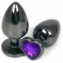 Черная металлическая анальная пробка с фиолетовым стразом-сердечком, цвет фиолетовый, Vandersex 400-HVFM, длина 7.5 см.