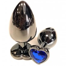 Черная металлическая анальная пробка с синим стразом-сердечком - 7,5 см., Vandersex 400-HVBM, длина 7.5 см., со скидкой