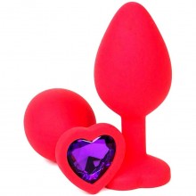 Красная силиконовая анальная пробка с фиолетовым стразом-сердцем, общая длина 10.5 см, Vandersex 122-HRFL, цвет фиолетовый, длина 10.5 см.
