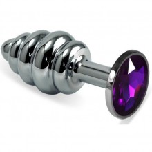 Серебристая ребристая анальная пробка с фиолетовым стразом, общая длина 7.5 см, Vandersex 180-SF, из материала металл, длина 7.5 см.