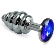 Серебристая ребристая анальная пробка с синим стразом, общая длина 7.5 см, Vandersex 180-SBL, из материала металл, длина 7.5 см.