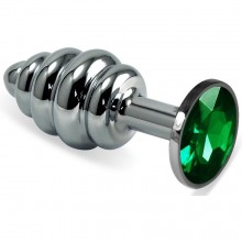 Серебристая ребристая анальная пробка с зеленым стразом, общая длина 7.5 см, Vandersex 180-SG, из материала металл, цвет зеленый, длина 7.5 см.