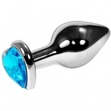 Серебристая анальная пробка с голубым кристаллом-сердцем, общая длина 9 см, Vandersex 170-SB1, из материала металл, цвет голубой, длина 9 см.
