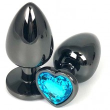 Черная металлическая анальная пробка с голубым стразом-сердечком, общая длина 6.5 см, Vandersex 400-HVBLS, длина 6.5 см.