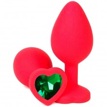 Красная анальная пробка из силикона с зеленым стразом-сердцем, длина 8.5 см, диаметр 3 см, Vandersex 122-HRGM, длина 8.5 см.