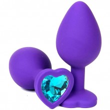Фиолетовая силиконовая анальная пробка с голубым стразом-сердцем, длина 8 см, диаметр 2.5 см, Vandersex 122-HFBS1, цвет голубой, длина 8 см.