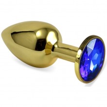 Металлическая анальная пробка с синим кристаллом, цвет золотой, длина 5.5 см, диаметр 2.5 см, Vandersex 169-GBS, цвет синий, длина 5.5 см.