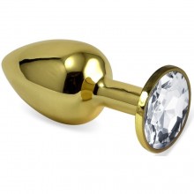 Золотистая анальная пробка с прозрачным кристаллом, длина 8 см, диаметр 3.5 см, Vandersex 169-GCM, из материала металл, цвет прозрачный, длина 8 см.