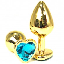 Золотистая анальная пробка с голубым кристаллом-сердцем, общая длина 6 см, Vandersex 170-GSB1, цвет голубой, длина 6 см.