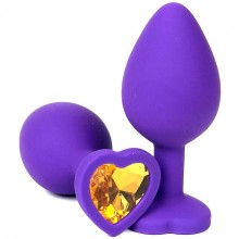 Фиолетовая силиконовая анальная пробка с оранжевым стразом-сердцем, длина 8 см, диаметр 2.5 см, Vandersex 122-HFOS, длина 8 см.