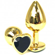 Золотистая анальная пробка с черным кристаллом-сердцем, длина 6 см, диаметр 2.5 см, Vandersex 170-GSBL, из материала металл, цвет черный, длина 6 см.