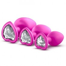 Набор розовых анальных пробок с прозрачным кристаллом-сердечком «Bling Plugs Training Kit», цвет розовый, Blush Novelties BL-395830, из материала силикон, со скидкой