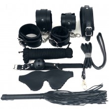 Набор БДСМ в черном цвете: наручники, поножи, кляп, ошейник с поводком, маска, веревка, плеть, Vandersex SM-100-B, из материала искусственная кожа, цвет черный