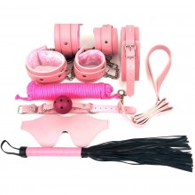 Набор БДСМ в розовом цвете: наручники, поножи, кляп, ошейник с поводком, маска, веревка, плеть, Vandersex SM-100-P, из материала искусственная кожа, со скидкой
