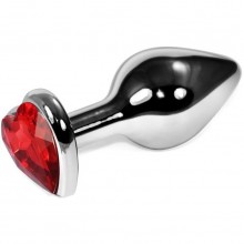 Серебристая анальная пробка с красным кристаллом-сердечком, длина 9 см, диаметр 4 см, Vandersex 170-MR, длина 9 см.
