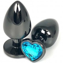 Черная металлическая анальная пробка с голубым стразом-сердечком, длина 9 см, диаметр 4 см, Vandersex 400-HVBLL, цвет голубой, длина 9 см.