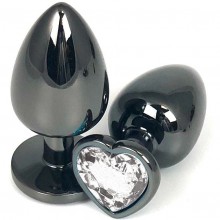 Черная металлическая анальная пробка с прозрачным стразом-сердечком, общая длина 6.5 см, Vandersex 400-HVWS, цвет прозрачный, длина 6.5 см.
