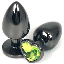 Гладкая металлическая анальная пробка с салатовым стразом-сердечком, цвет черный, длина 6.5 см, Vandersex 400-HVG1S, цвет зеленый, длина 6.5 см.