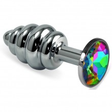 Металлическая ребристая анальная пробка с разноцветным кристаллом, цвет серебристый, длина 6 см, Vandersex 185-RHS, цвет Мульти, длина 6 см.